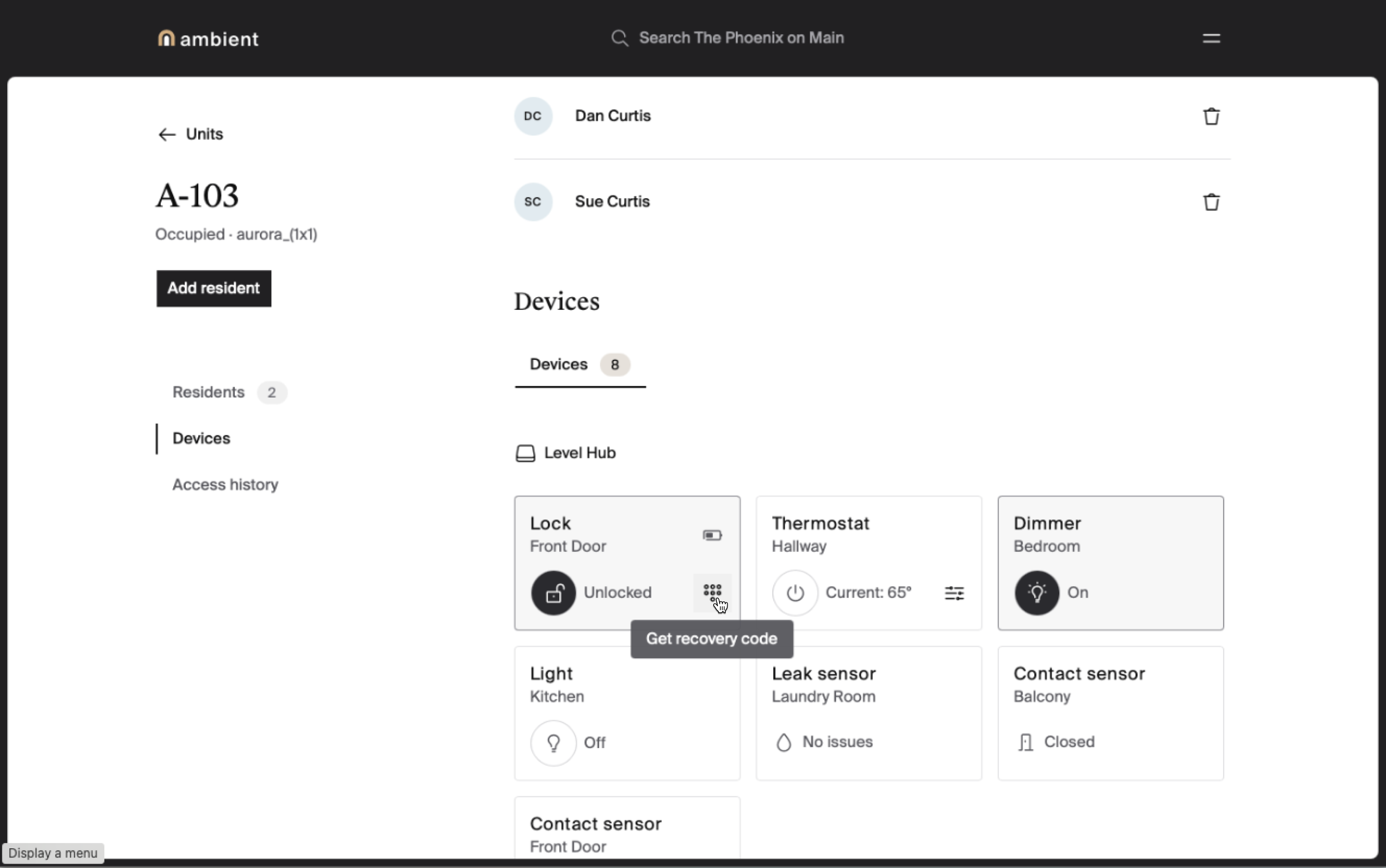 Staff recovery door codes on the unit page