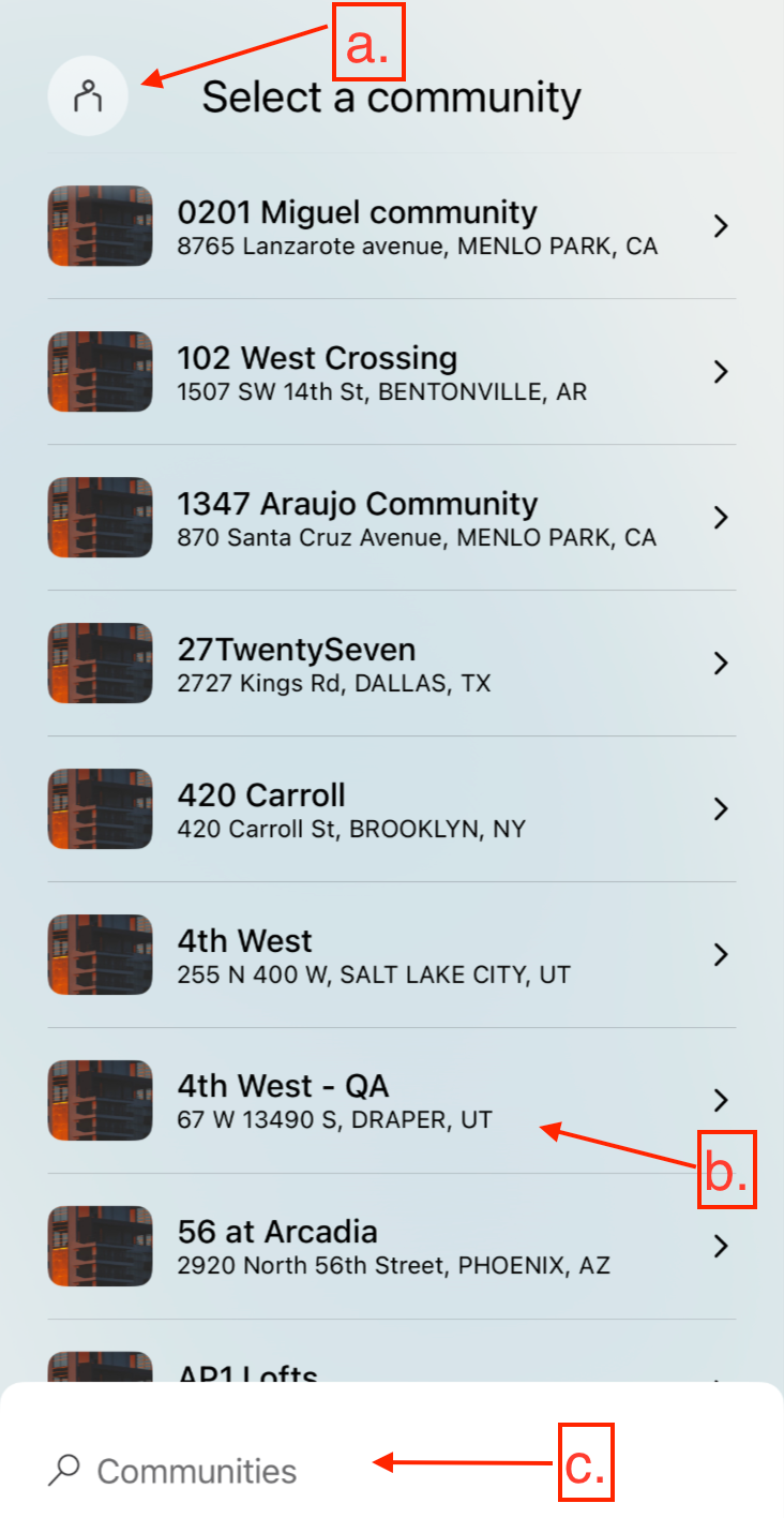 Community selection and search screen