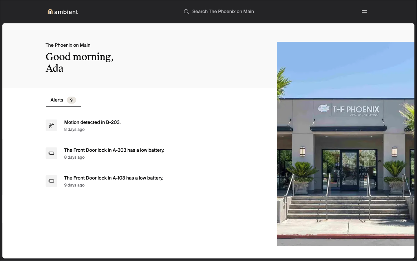 Screen shot of Ambient manager dashboard alerts feed showing low lock battery alerts.