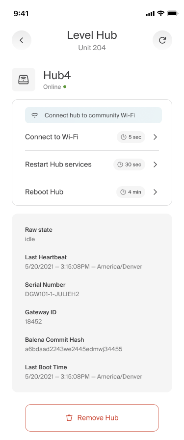 Hub detail card retry Wi-Fi option