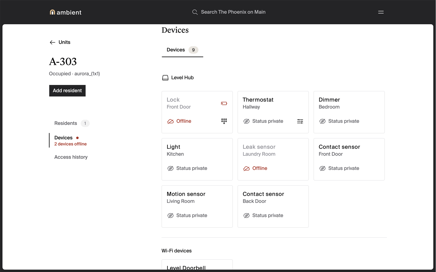 Screen shot of the Units page of the Ambient manager dashboard showing a lock tile with a low battery indicator.